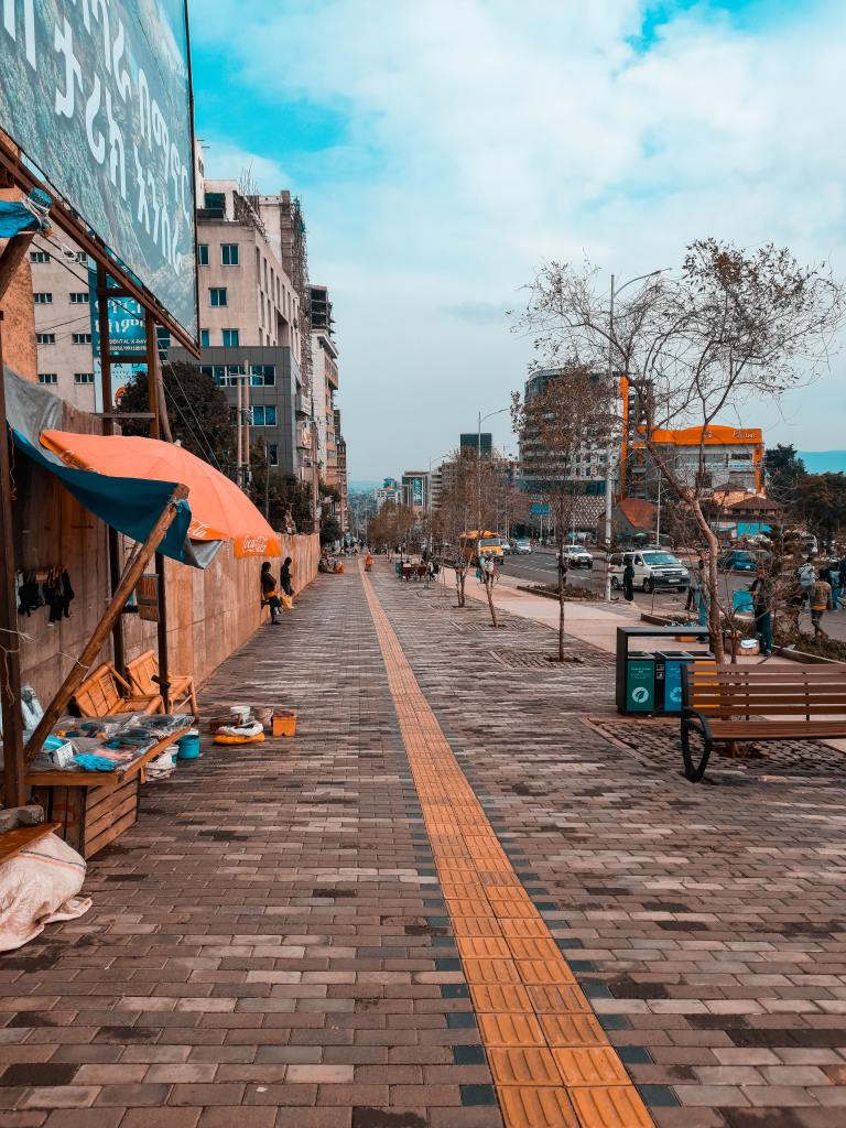 Photo of a long straight road in Addis Abeba, Ethiopia, with buildings, trees, people and cars on either side of it. [decorative image]